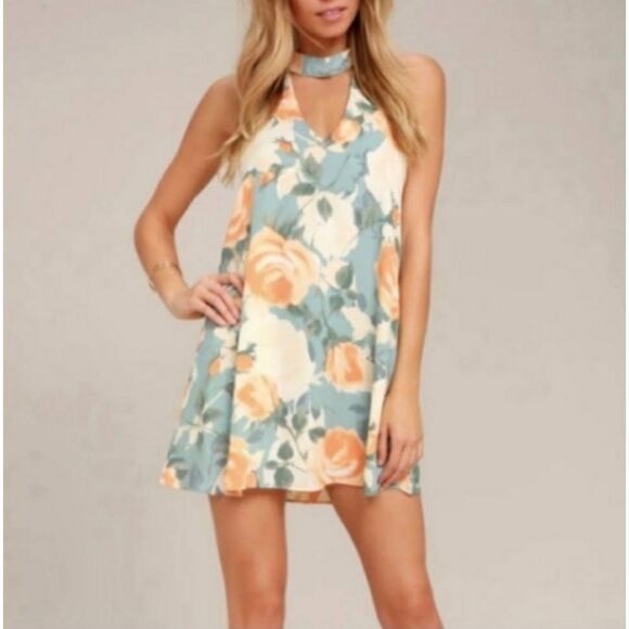 LULU'S BLUE WITH ORANGE FLORAL PART OF YOUR WORLD SLEEVELESS MINI DRESS SIZE M - Picture 1 of 8